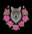 wolf and roses embroidery vector image
