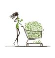 woman shopping with food trolley in supermarket vector image