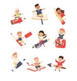 little kid flying on book and pen ready to study vector image