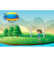 a boy playing golf in the field with windmills vector image