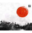forest trees in fog and big red sun hand drawn vector image vector image