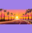 sunset tropical background with palm and road vector image vector image