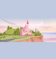 pink magic castle on green sea cliff at morning vector image