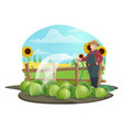 farmer with watering hose and vegetables on farm vector image