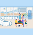 parents and kids in airport pushing baggage cart vector image
