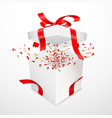 open gift box with torn red satin ribbon bow vector image
