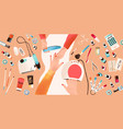 hands of manicurist performing manicure and her vector image