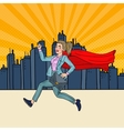 pop art super business woman with red cape running vector image