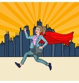 pop art super business woman with red cape running vector image