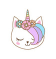 cute muzzle of rainbow cat unicorn with flowers vector image