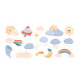 cute weather phenomena - clouds wind rainbow vector image