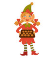girl elf in cone hat holds tray full of cookies vector image
