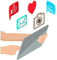 mobile phone app icons and hands hold tablet vector image