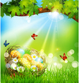 background with easter nest and eggs on the meadow vector image
