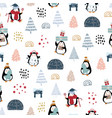 christmas seamless pattern with cute penguins vector image