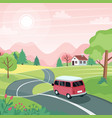 spring road trip landscape with a cute car vector image