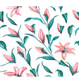 realistic pink lily blossom leaves stem set vector image vector image