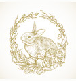hand drawn cute easter bunny in a flowers wreath vector image