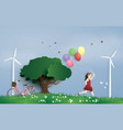 girl running in the field with balloon paper art vector image