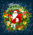merry christmas card with santa claus holding sack vector image