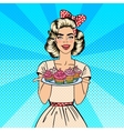young housewife holding plate with cupcakes vector image vector image