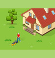 man mowing the lawn with yellow mower vector image