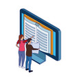 woman and man pointing a book on computer screen vector image vector image
