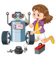 young girl fixing a robot vector image