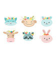 cartoon funny cute animal faces with floral vector image vector image