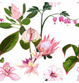 watercolor style exotic pink flowers end leaves vector image
