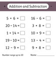 Addition number range up to 20 math worksheet Vector Image