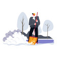 man cleaning backyard from snow with wooden shovel vector image