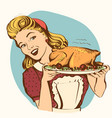 retro smiling housewife cooks roasted turkey vector image