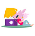 man sitting sunscreen lotion drinking cocktail vector image