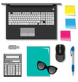 flat set of stationery on the table with laptop vector image