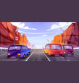 cars driving road with cartoon rocky mountains vector image
