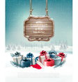 winter background with gift boxes and a wooden vector image