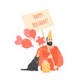 birthday greeting card with funny man and cat vector image vector image