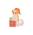 small dog in red christmas hat with gift box flat vector image