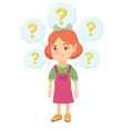 thinking caucasian girl with question marks vector image