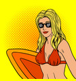 girl with surfboard pop art style vector image