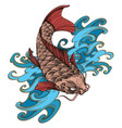 hand drawn koi fish with wave japanese carp vector image