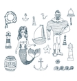 set with sailor lighthouse mermaid ship vector image