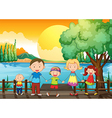 a happy family at the wooden bridge vector image