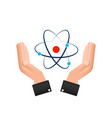 atom icon over hands symbols on white vector image vector image