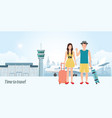 couple travelers with luggage at the airport vector image vector image