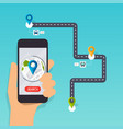 hand holding mobile smart phone app with track vector image