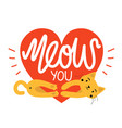 with yellow cat hug red heart and lettering text vector image