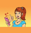 young woman reading smartphone online like love vector image