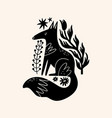 foxe woodland animal drawing in ornate rural folk vector image